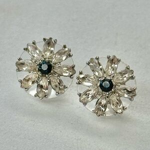 Rhinestone Flower Daisy Stud Earrings Sparkle Delicate Sapphire Blue Center